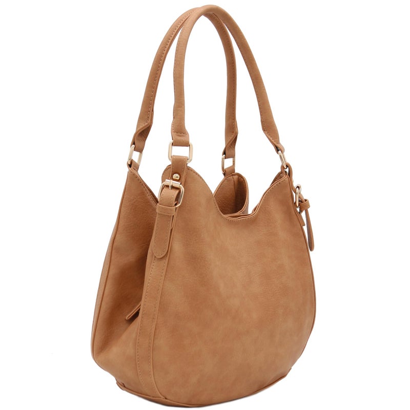FashionPuzzle Light-weight 3 Compartment Faux Leather Medium Hobo Bag (Tan) - Image 2